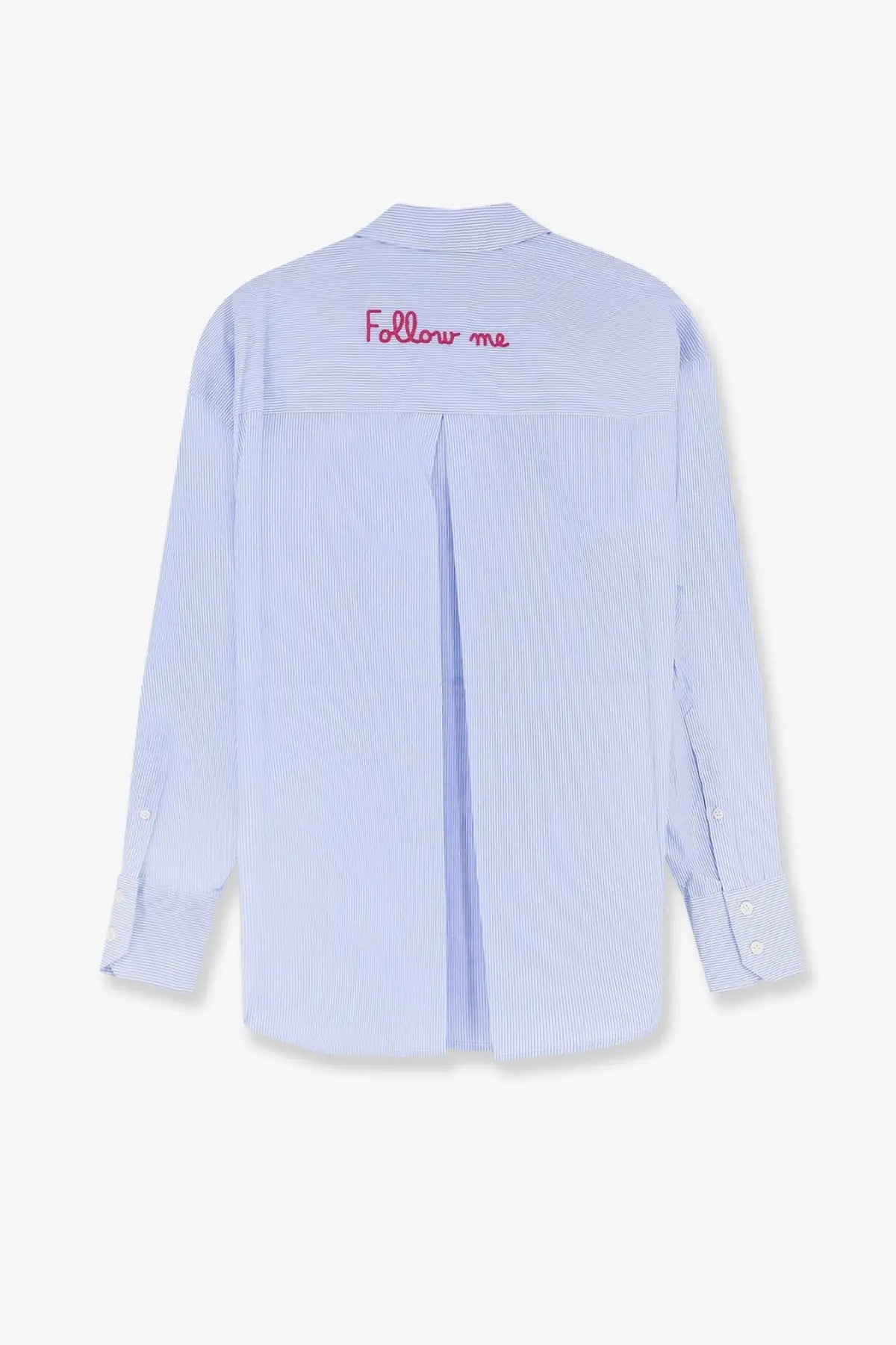 Back of mc2 saint barth women’s cristal cotton shirt in light blue and white stripes with pink follow me embroidery