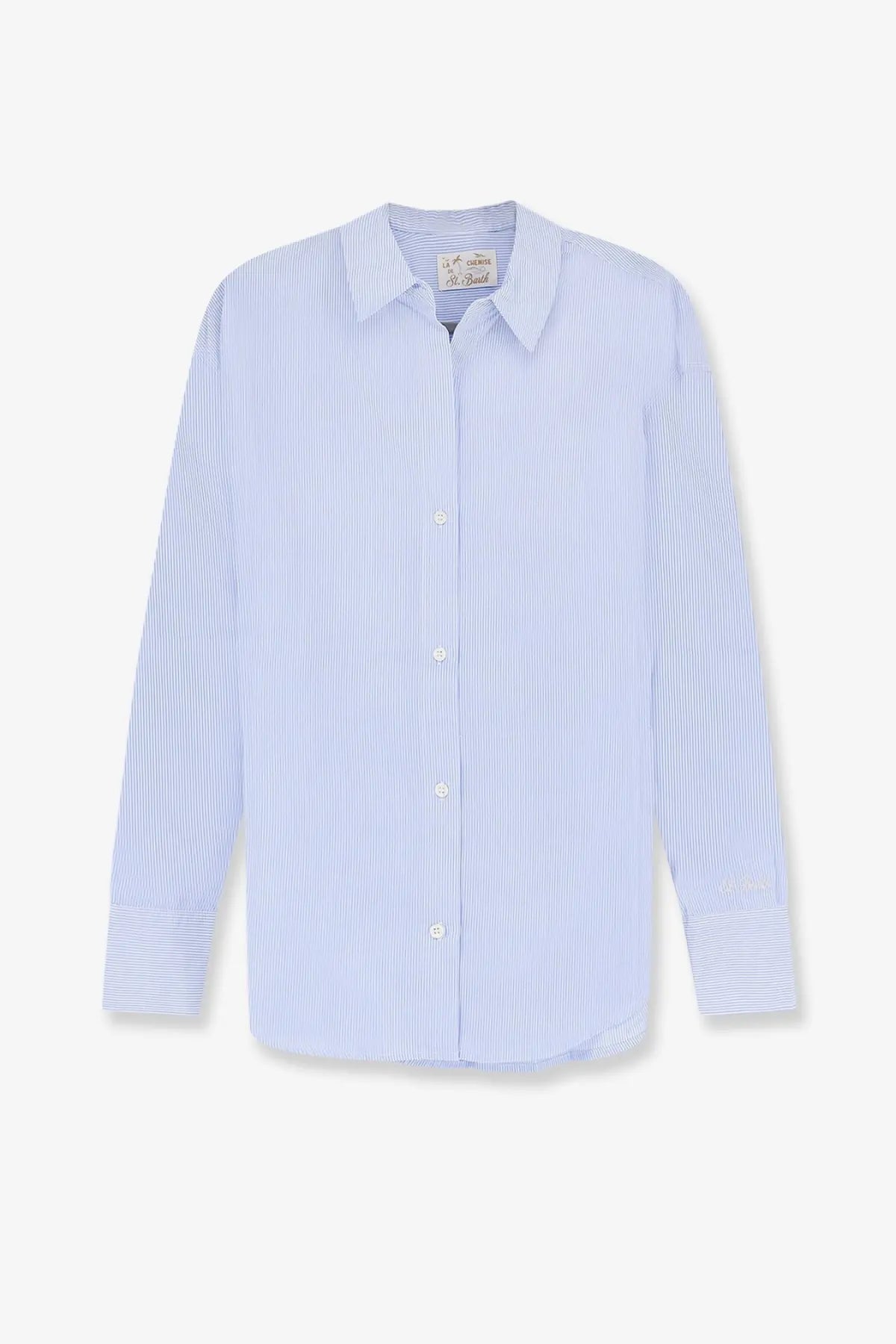 A light blue and white vertically striped long-sleeved cotton shirt with classic collar by mc2 saint barth