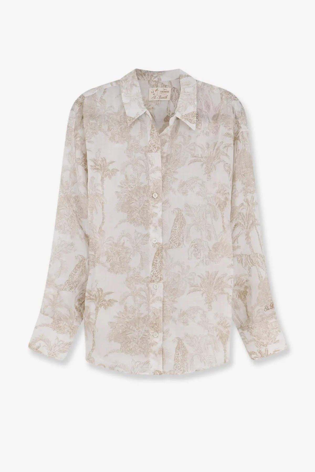 Mc2 Saint Barth women’s cristal ramie ivory blouse with subtle gold tropical print and button-down front