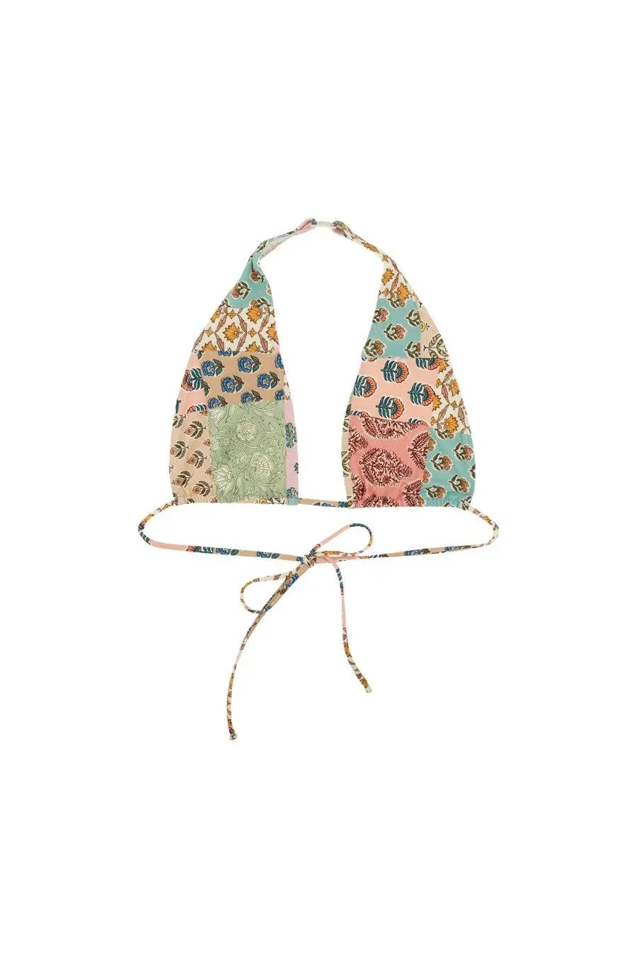 Mc2 Saint Barth women’s dahlia bikini top featuring a patchwork halter design with pastel floral and geometric panels