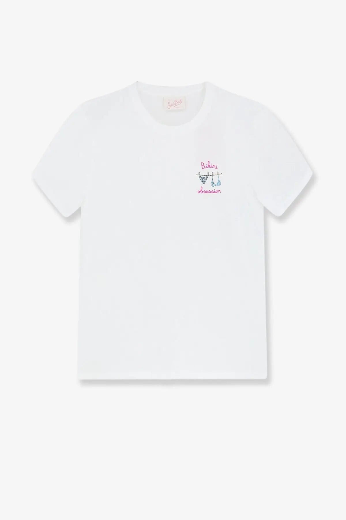 Mc2 Saint Barth women’s Emilie white cotton t-shirt with small lingerie embroidery and pink bikini obsession text on chest
