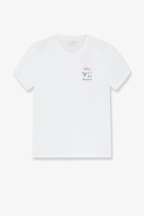 Mc2 Saint Barth women’s Emilie white cotton t-shirt with small lingerie embroidery and pink bikini obsession text on chest