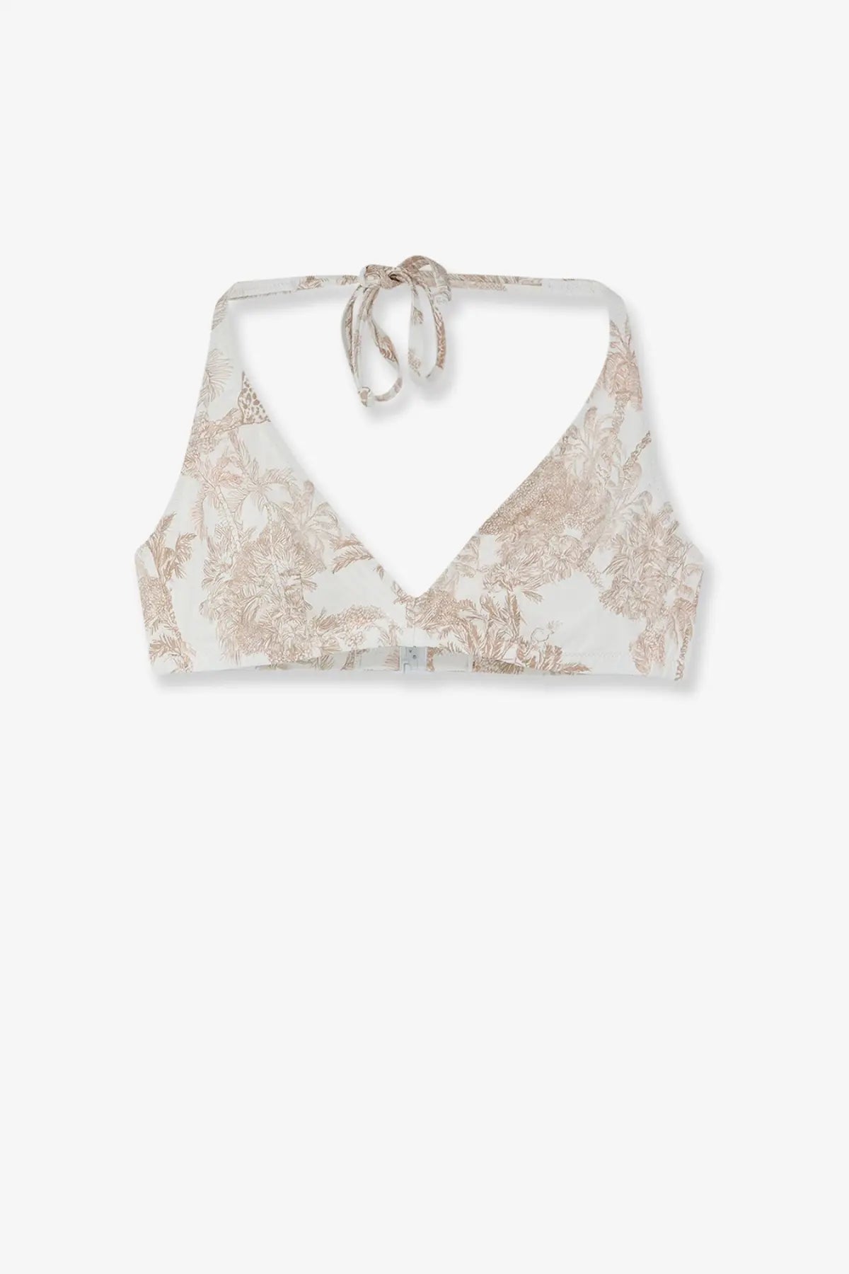 Mc2 saint barth women’s gaia bikini top blue featuring an off-white halter bralette with beige floral pattern and adjustable ties