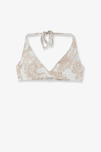 Mc2 saint barth women’s gaia bikini top blue featuring an off-white halter bralette with beige floral pattern and adjustable ties