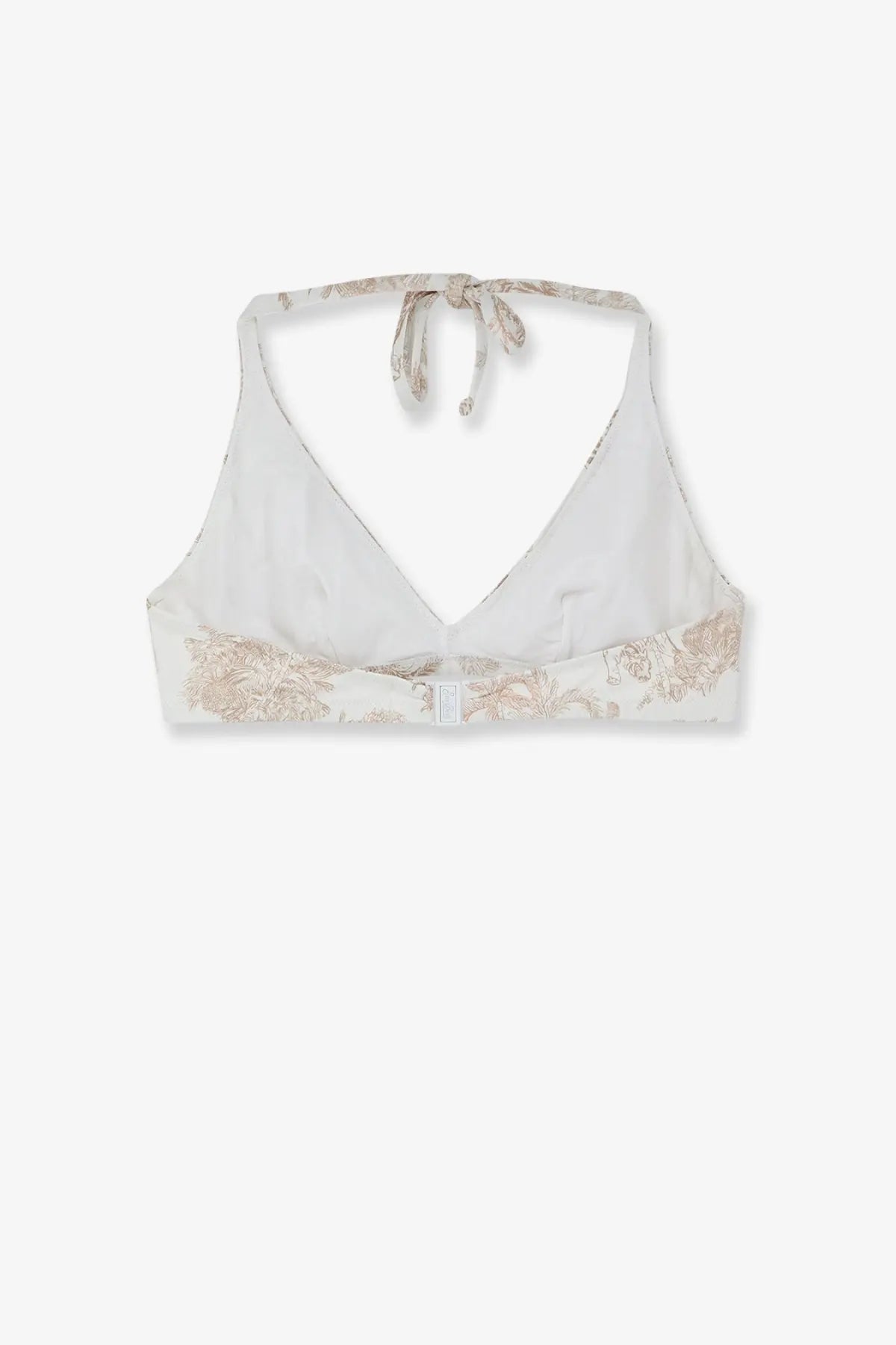 Mc2 Saint Barth women’s Gaia bikini top in delicate white with gold floral pattern and adjustable halter ties at the back