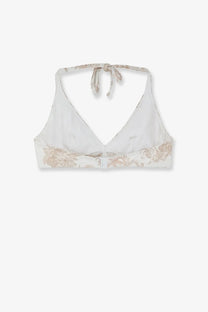 Mc2 Saint Barth women’s Gaia bikini top in delicate white with gold floral pattern and adjustable halter ties at the back