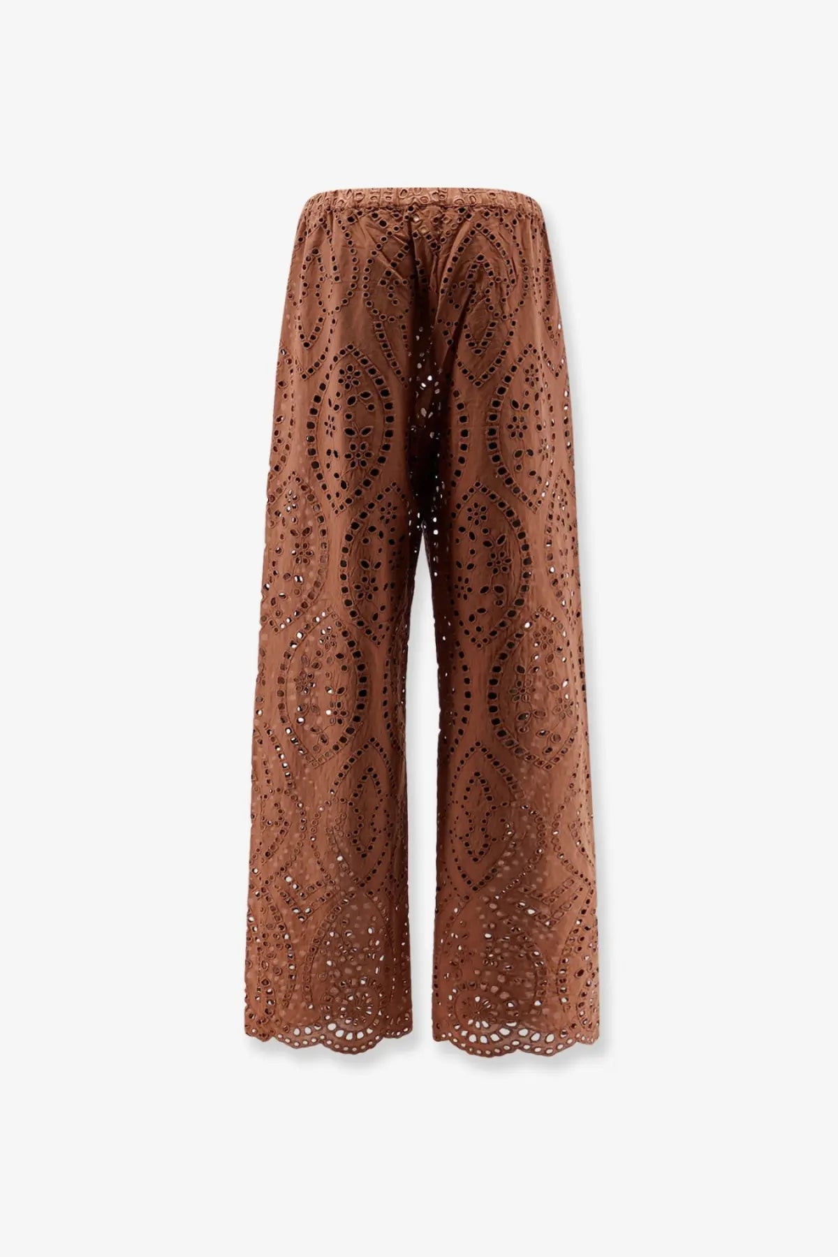 Brown embroidered wide-leg mc2 saint barth women’s inez sangallo lace trousers with scalloped hem and elastic waistband