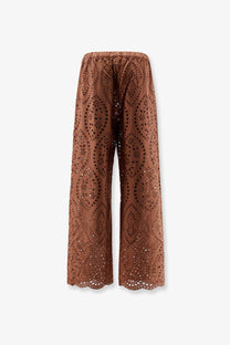 Brown embroidered wide-leg mc2 saint barth women’s inez sangallo lace trousers with scalloped hem and elastic waistband