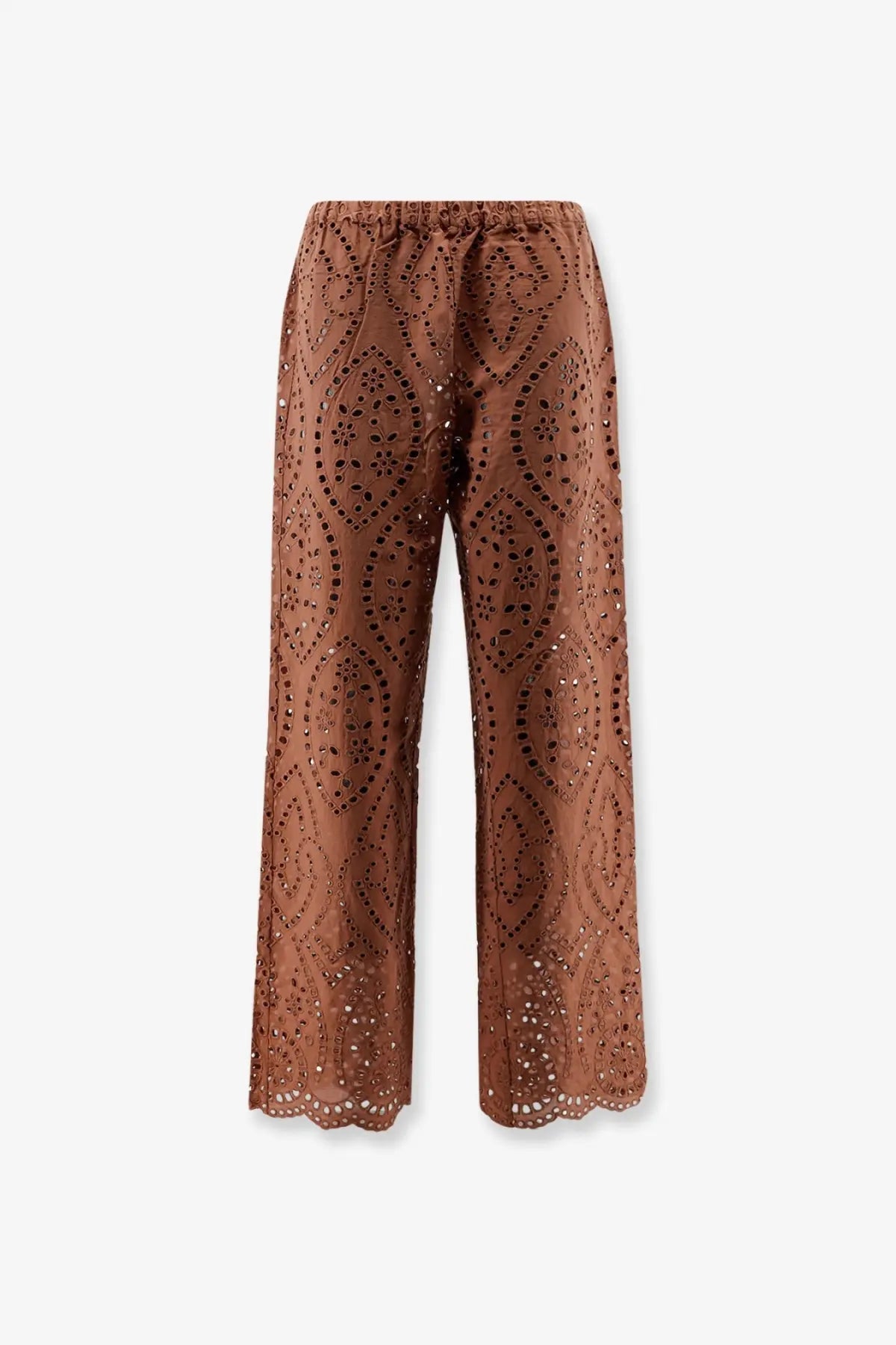 Brown embroidered wide-leg lace trousers with scalloped hem and elastic waistband by mc2 saint barth
