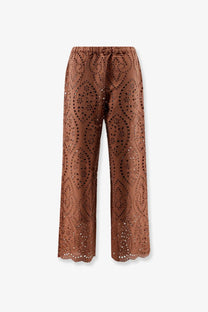 Brown embroidered wide-leg lace trousers with scalloped hem and elastic waistband by mc2 saint barth
