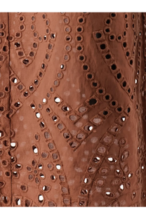 Rust-colored dress with intricate eyelet embroidery featuring geometric and floral patterns by mc2 saint barth
