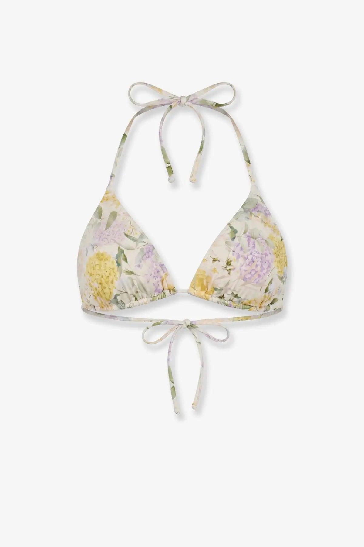 Mc2 Saint Barth women’s Leah halter bikini top in pastel floral yellow and lavender on cream with tied straps
