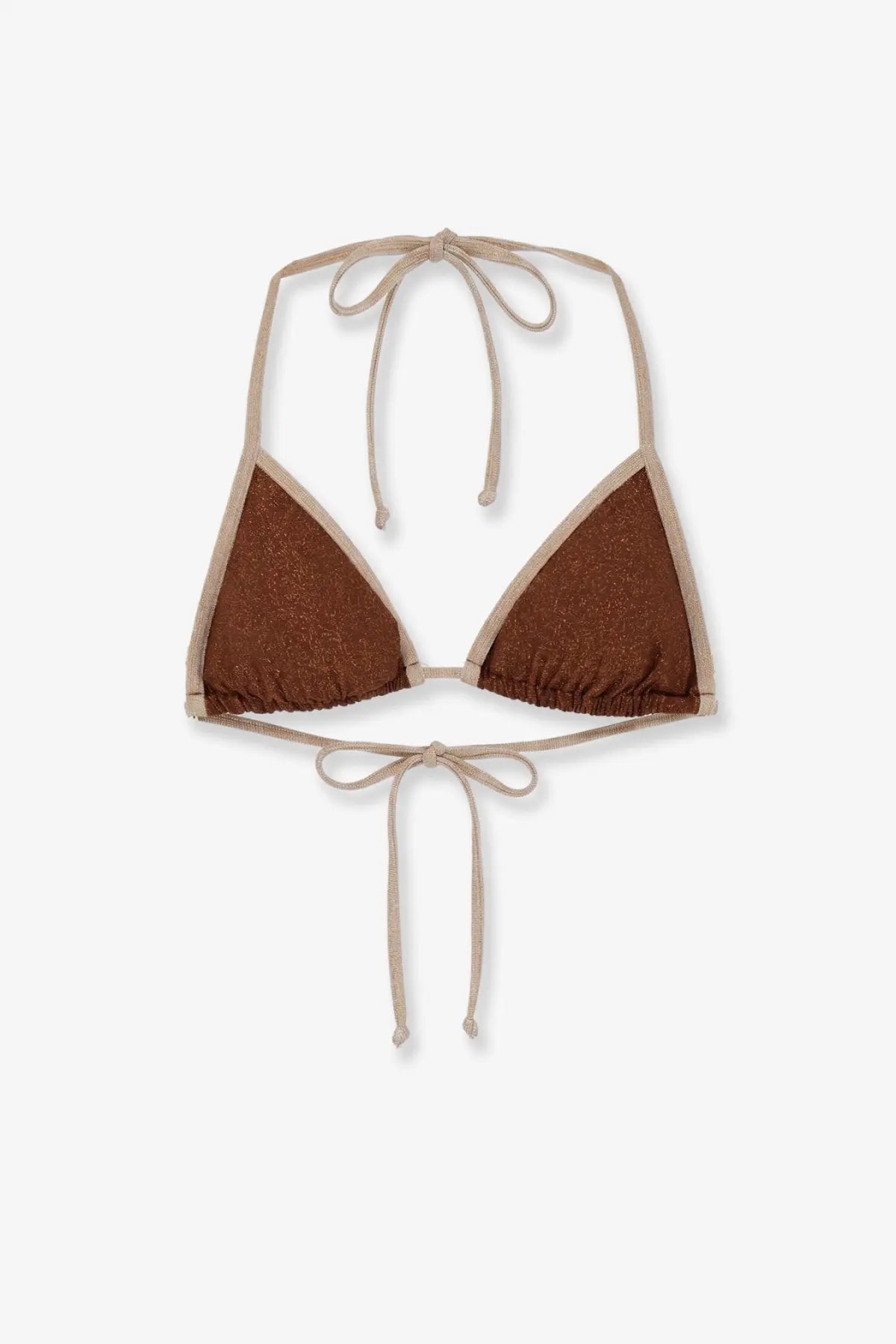 Mc2 Saint Barth women’s leah string bikini top in brown glittery lurex with beige ties and ruched hem