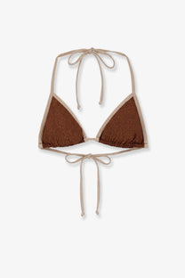 Mc2 Saint Barth women’s leah string bikini top in brown glittery lurex with beige ties and ruched hem