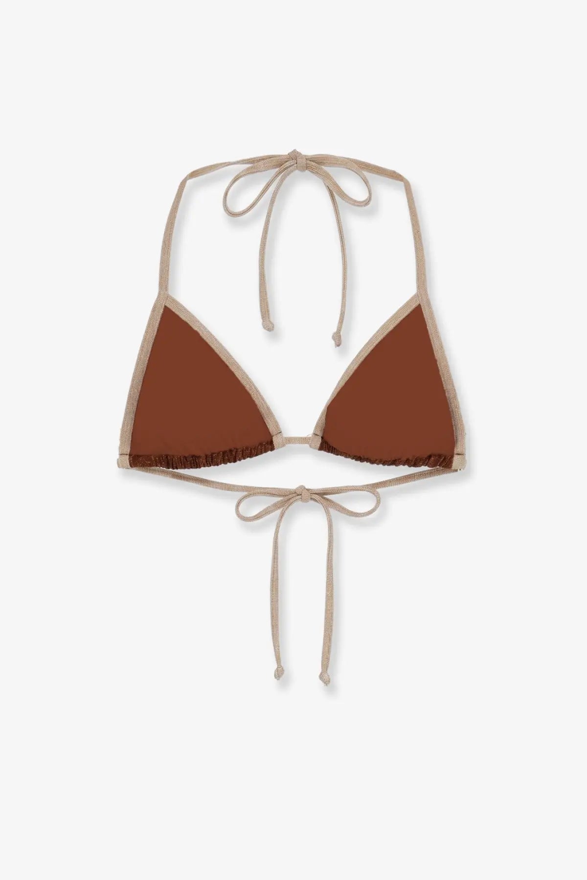 Mc2 Saint Barth women’s Leah string bikini top in tan and brown lurex with ruffled trim and triangle halter design