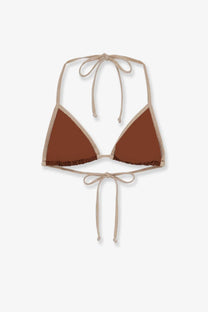 Mc2 Saint Barth women’s Leah string bikini top in tan and brown lurex with ruffled trim and triangle halter design