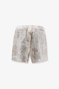 Mc2 Saint Barth women’s maeve ramie shorts in beige with subtle palm tree pattern and elastic waistband