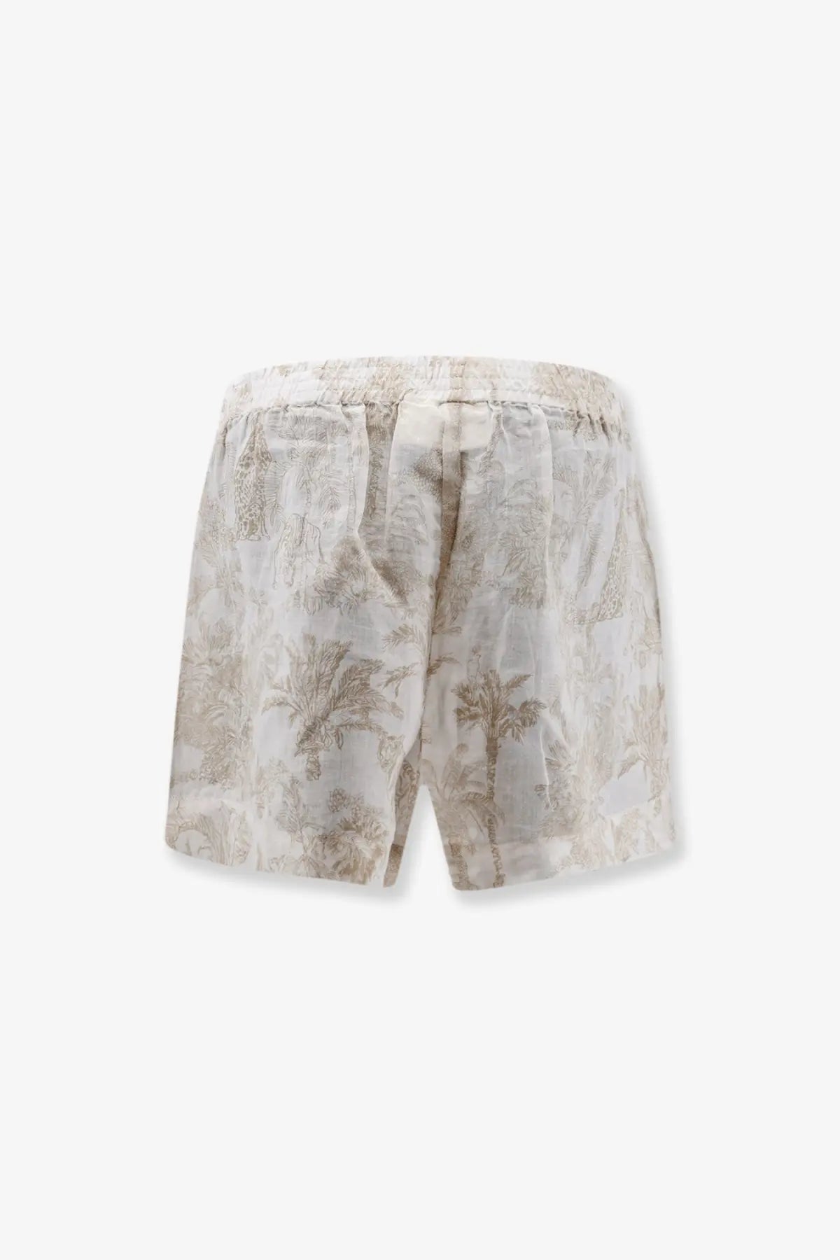 Mc2 saint barth women’s maeve ramie shorts blue beige with elastic waistband and subtle taupe palm tree pattern