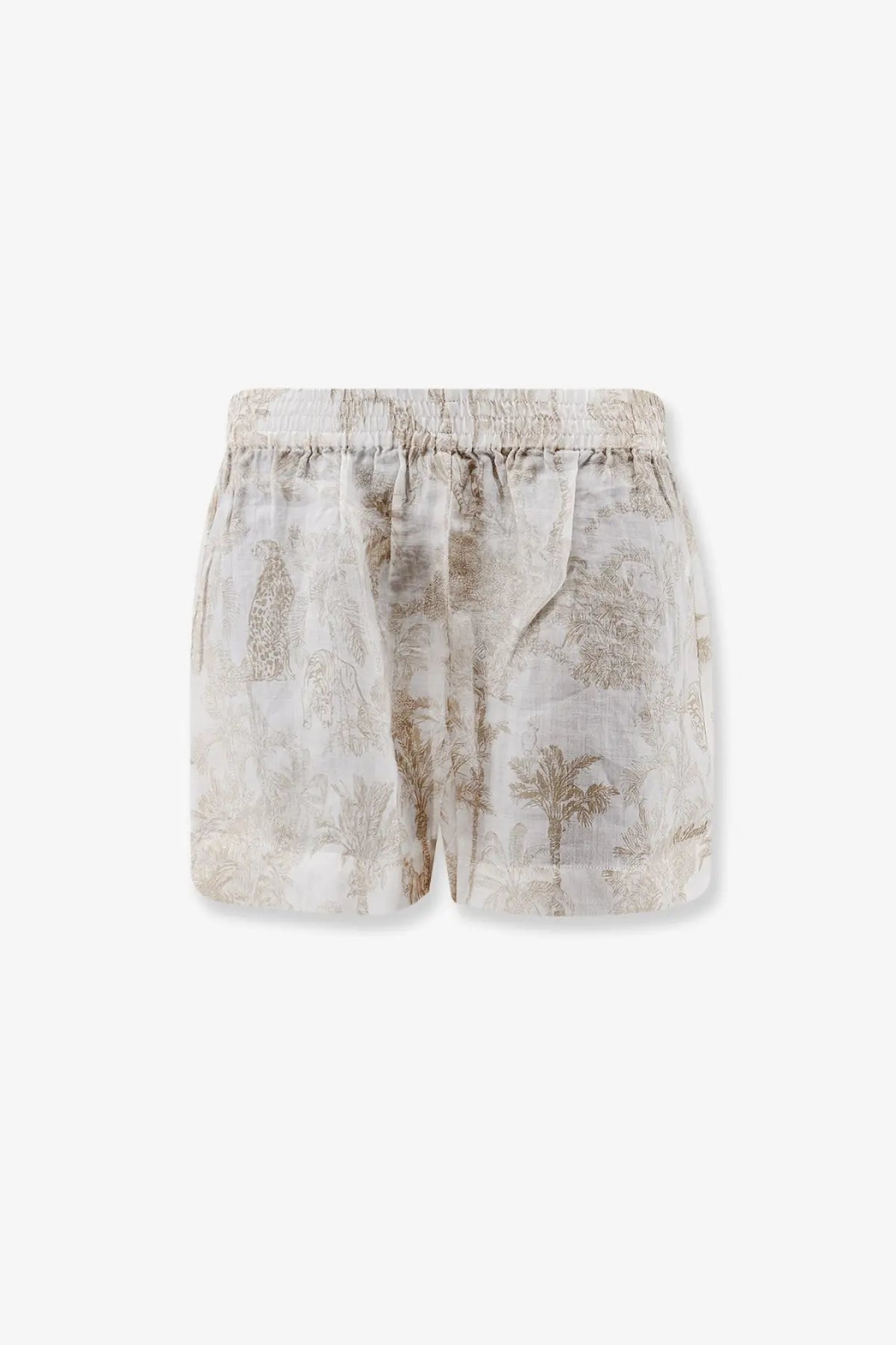 Mc2 saint barth women’s maeve ramie shorts beige with vintage-style palm tree and giraffe print in muted brown tones