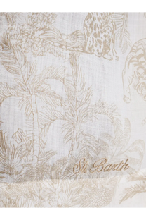 A delicate off-white ramie scarf with a subtle beige jungle print featuring palm trees and embroidered st for women