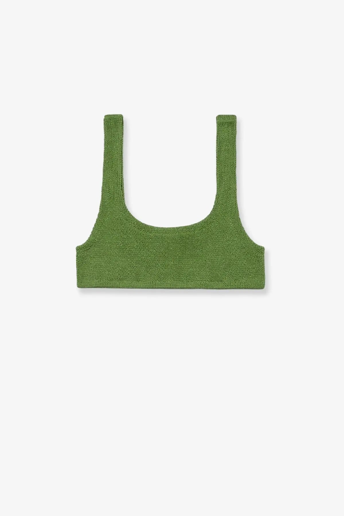 Olive green textured knit crop top with wide shoulder straps paired with mc2 saint barth women’s naima stretch nylon bikini top blue