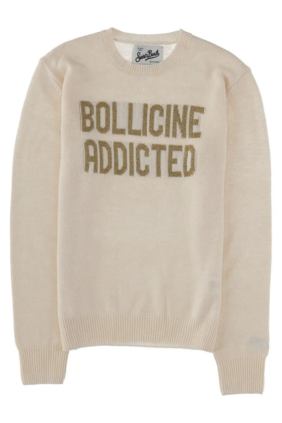 Cream-colored knit sweater with bollicine addicted glittery gold lettering from Mc2 Saint Barth new queen jersey collection
