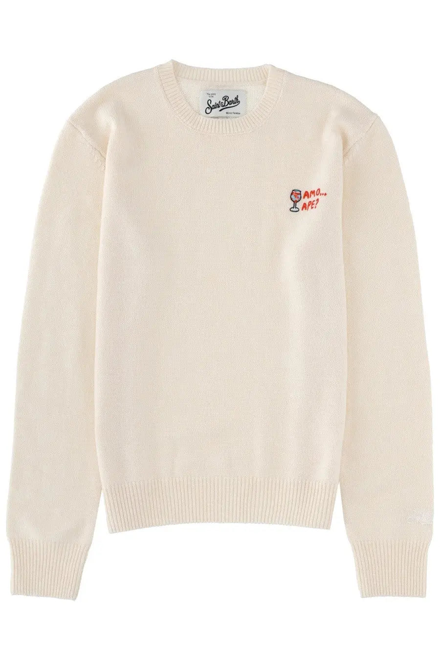 Cream-colored knit sweater with embroidered wine glass and text on left chest from Mc2 Saint Barth New Queen Jersey