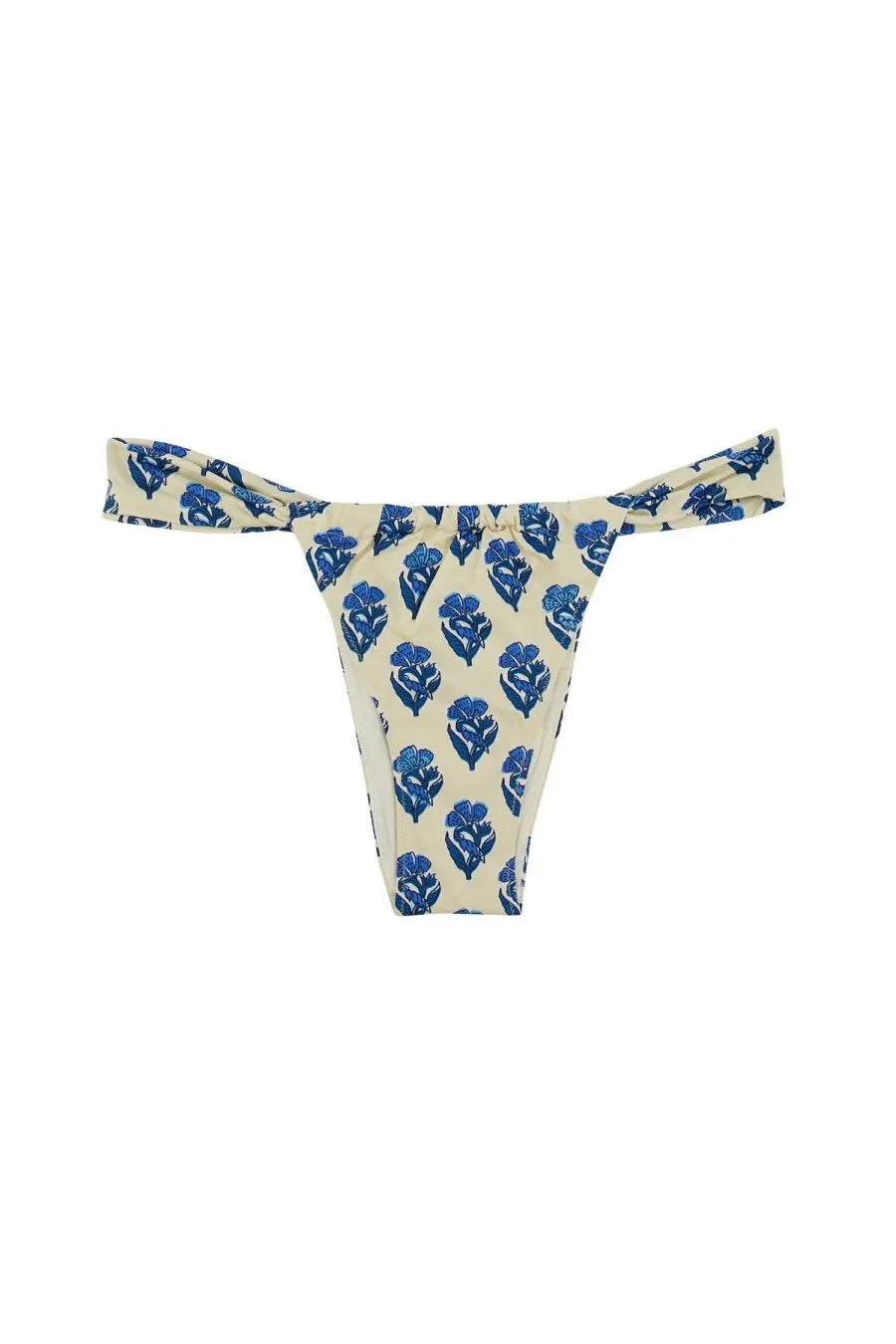 Beige Mc2 Saint Barth women’s noelle bikini bottom with blue floral pattern and tied side ties front view