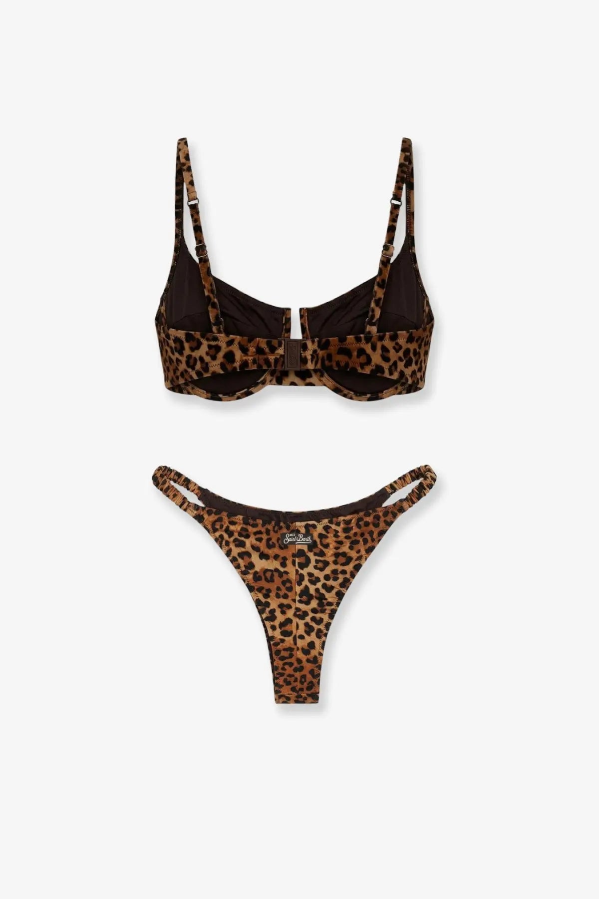 Mc2 saint barth women’s nylon bikini beige leopard print with black trim and adjustable straps