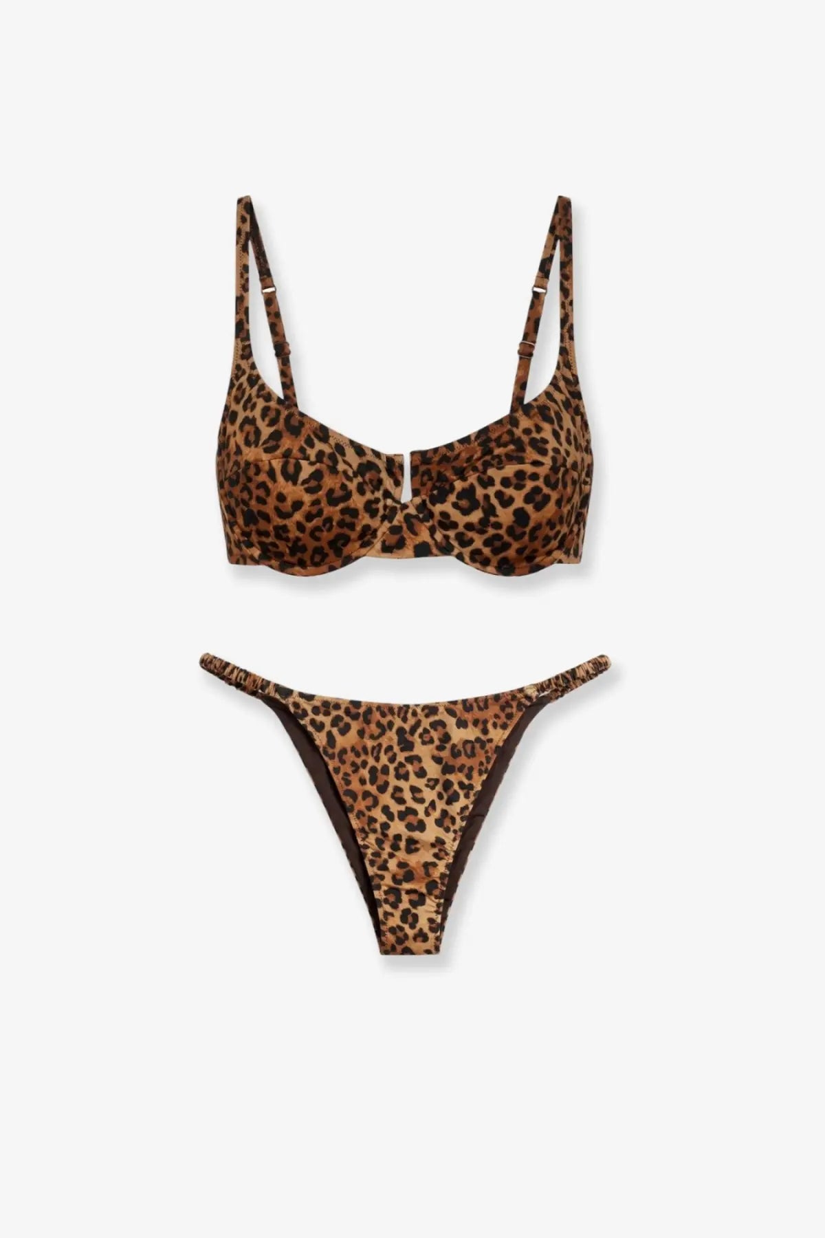 Mc2 Saint Barth women’s nylon bikini beige leopard print set with thin strap bra and matching thong in brown and black