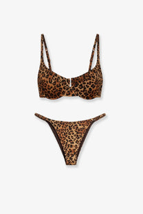 Mc2 Saint Barth women’s nylon bikini beige leopard print set with thin strap bra and matching thong in brown and black