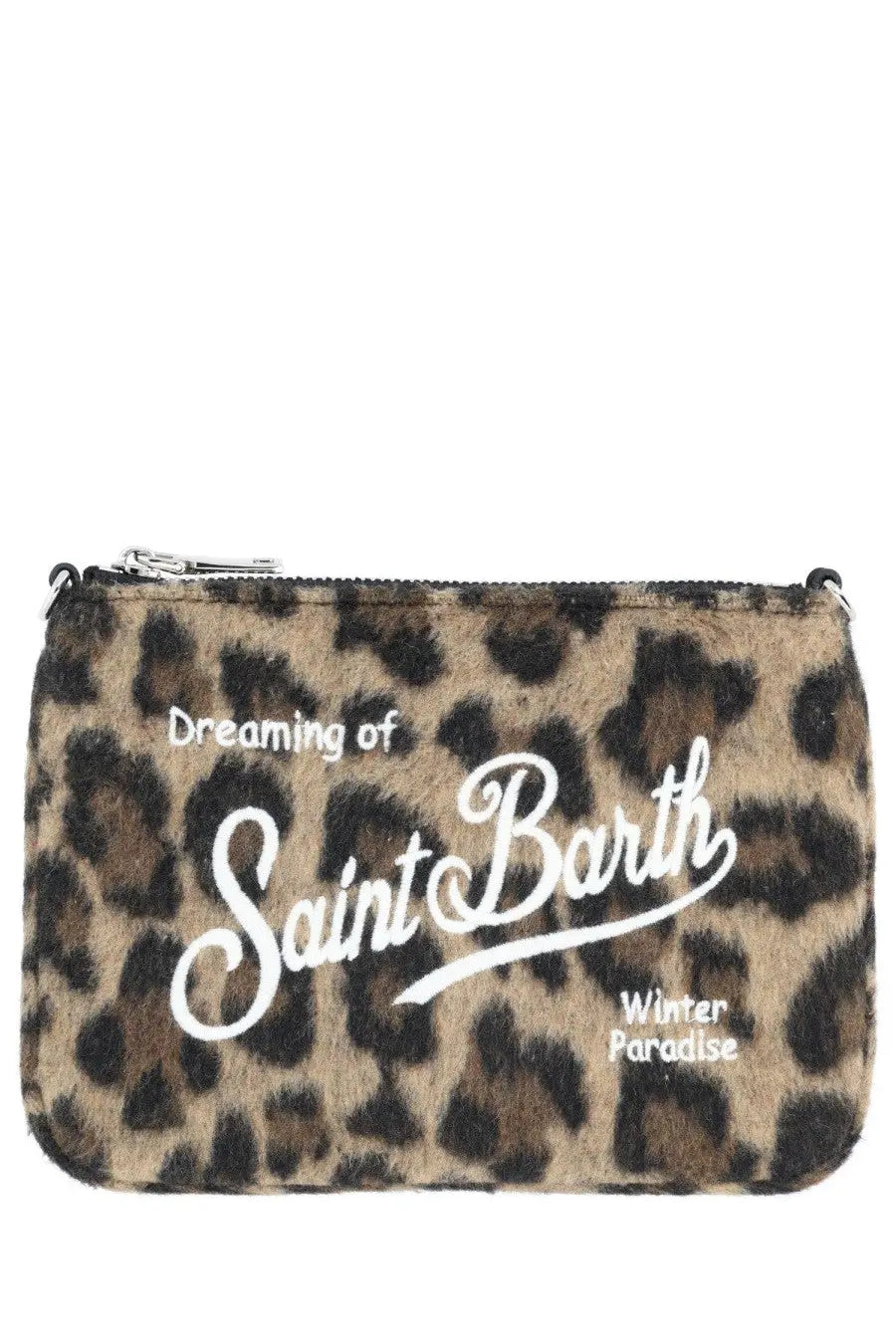 Mc2 Saint Barth women’s Parisienne mini felt bag leopard print faux fur clutch with white dreaming of saint barth lettering