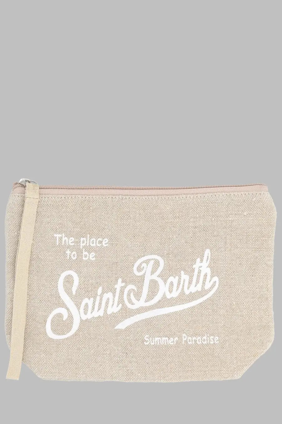 Beige canvas clutch with white saint barth summer paradise script and zipper closure by Mc2 Saint Barth