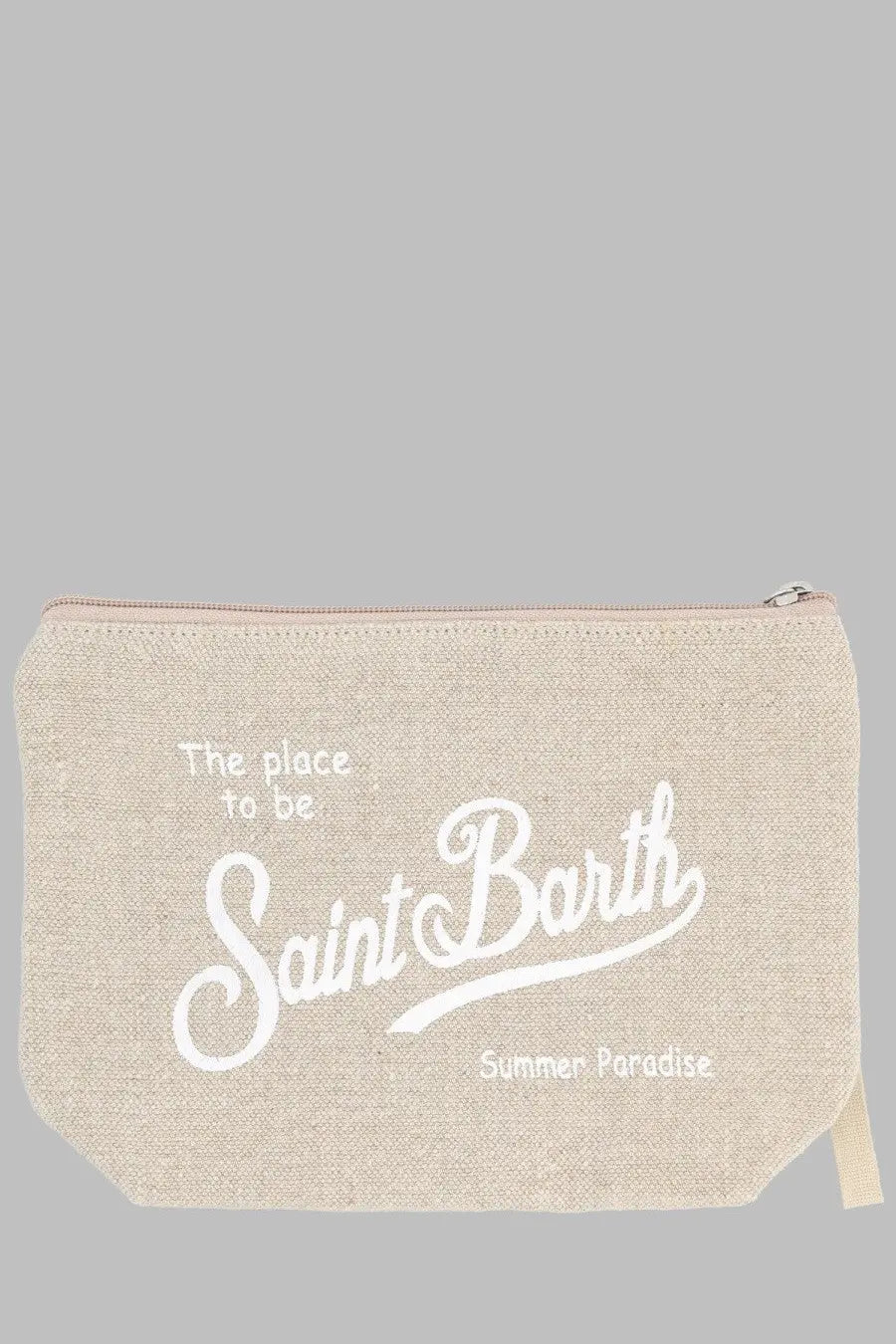 Beige canvas cosmetic bag pochette aline by Mc2 Saint Barth with white embroidered text and zipper closure