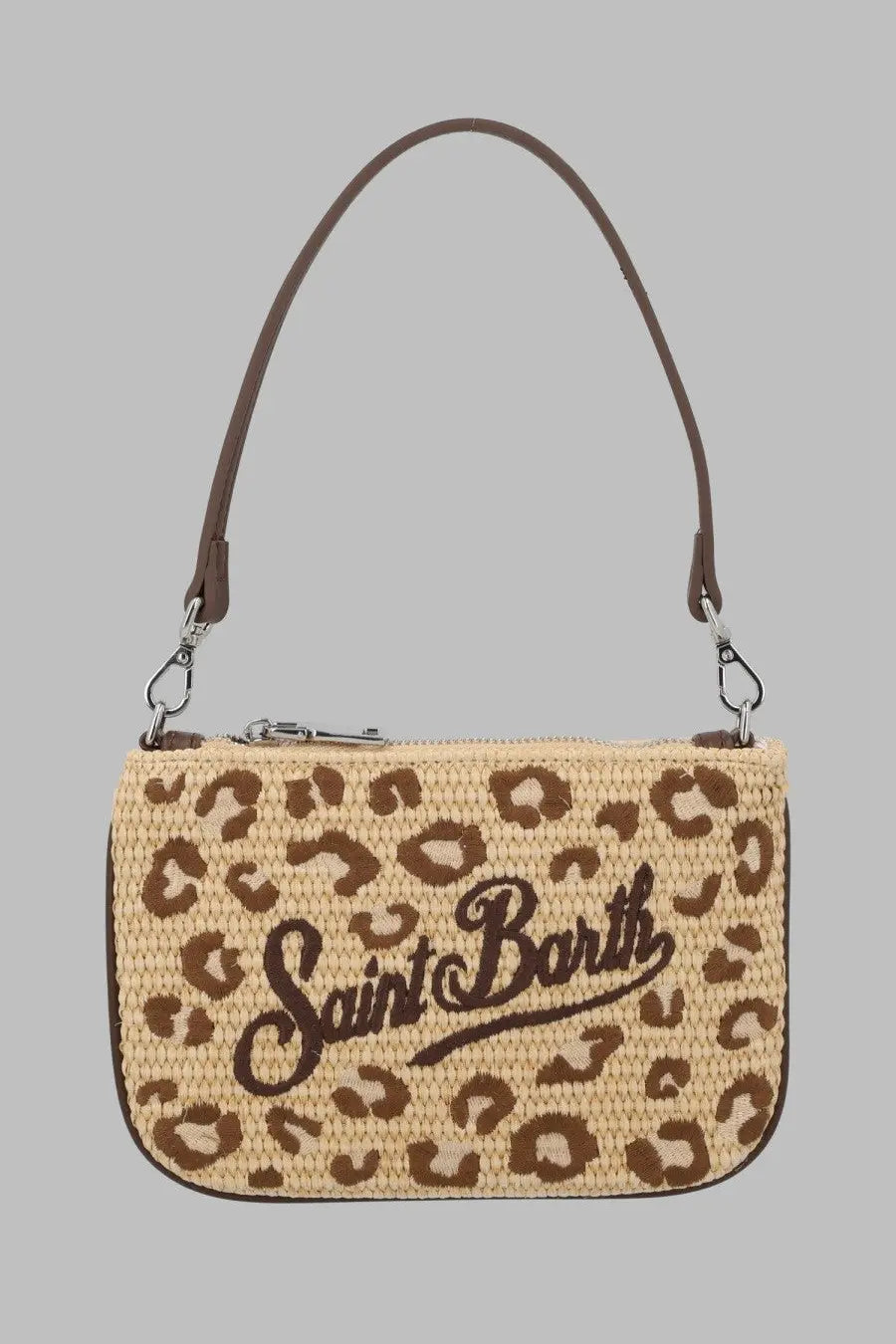 Beige woven straw handbag with brown leopard print and saint barth logo with matching brown leather strap