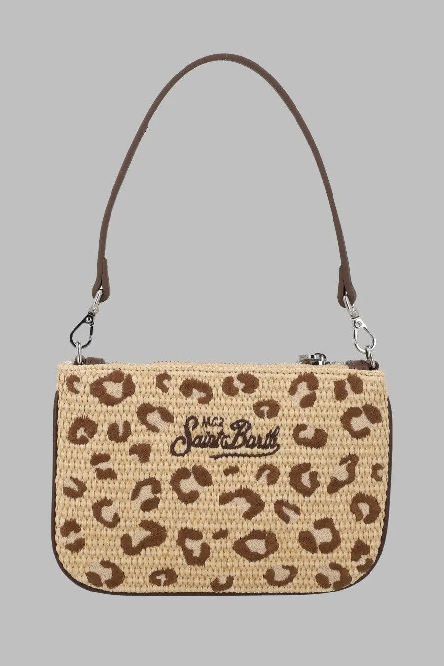 Beige and brown leopard-print woven pochette with curved top handle by Mc2 Saint Barth in effetto paglia pattern