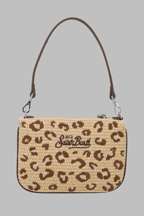 Beige and brown leopard-print woven pochette with curved top handle by Mc2 Saint Barth in effetto paglia pattern