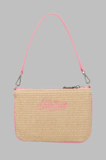 Mc2 Saint Barth women’s pochette Parisienne mini woven straw handbag in beige with pink strap and accents