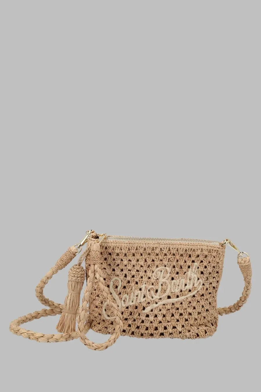 Beige woven straw crossbody bag with braided strap and tassel detail from mc2 saint barth women’s pochette in raffia con beige
