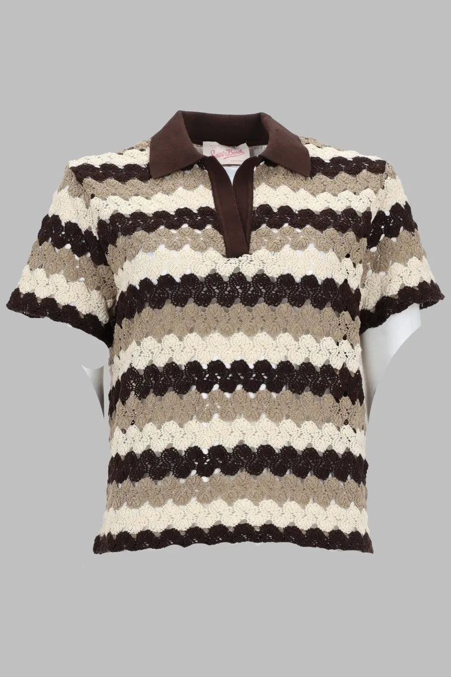 Mc2 Saint Barth women’s cropped short-sleeved polo shirt in beige cotton crochet with cream and dark brown stripes