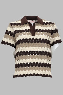 Mc2 Saint Barth women’s cropped short-sleeved polo shirt in beige cotton crochet with cream and dark brown stripes