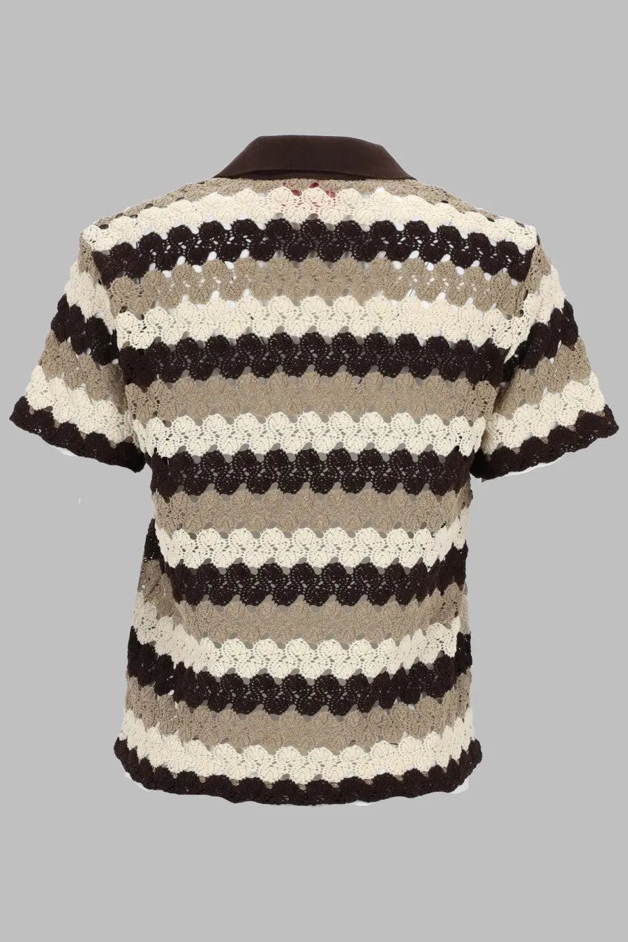 Mc2 Saint Barth women’s polo cropped short sleeve knit top with black beige and cream lace stripes in cotton crochet