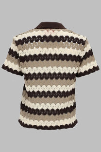 Mc2 Saint Barth women’s polo cropped short sleeve knit top with black beige and cream lace stripes in cotton crochet