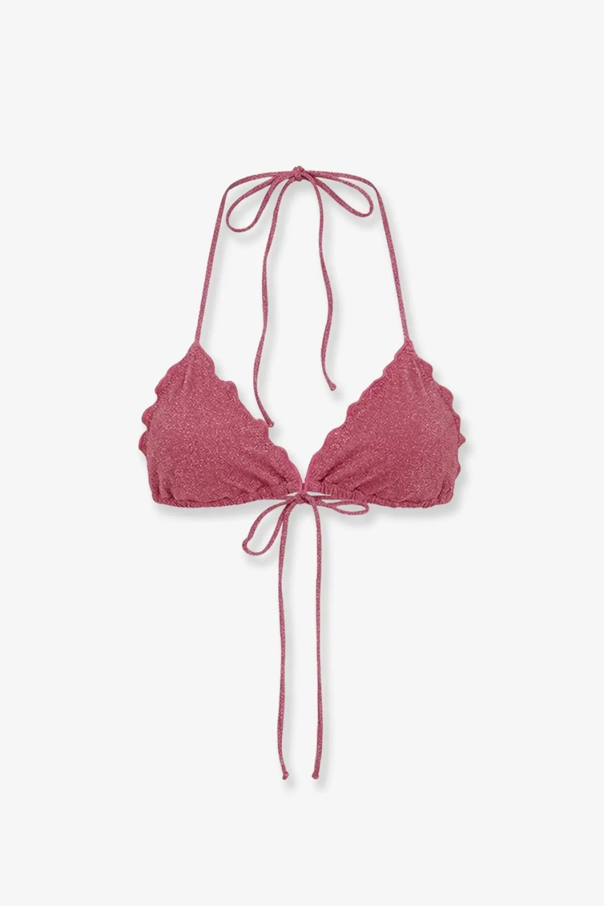 Mc2 Saint Barth women’s Sagittarius viscose blend bikini top in rose pink with scalloped edges and adjustable halter ties
