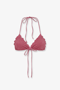 Mc2 Saint Barth women’s Sagittarius viscose blend bikini top in rose pink with scalloped edges and adjustable halter ties
