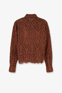 Brown eyelet blouse with intricate geometric and floral cut-out patterns from Mc2 Saint Barth women’s Sangallo lace Oriane shirt linewave