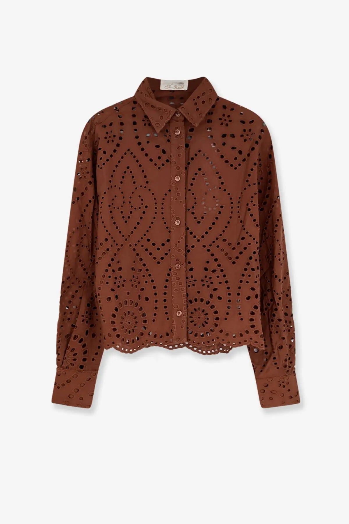 A brown eyelet blouse with a classic collar and button down front featuring circular cutouts Mc2 Saint Barth
