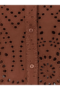 Mc2 Saint Barth women’s brown eyelet blouse with intricate cut out patterns and matching buttons lace shirt
