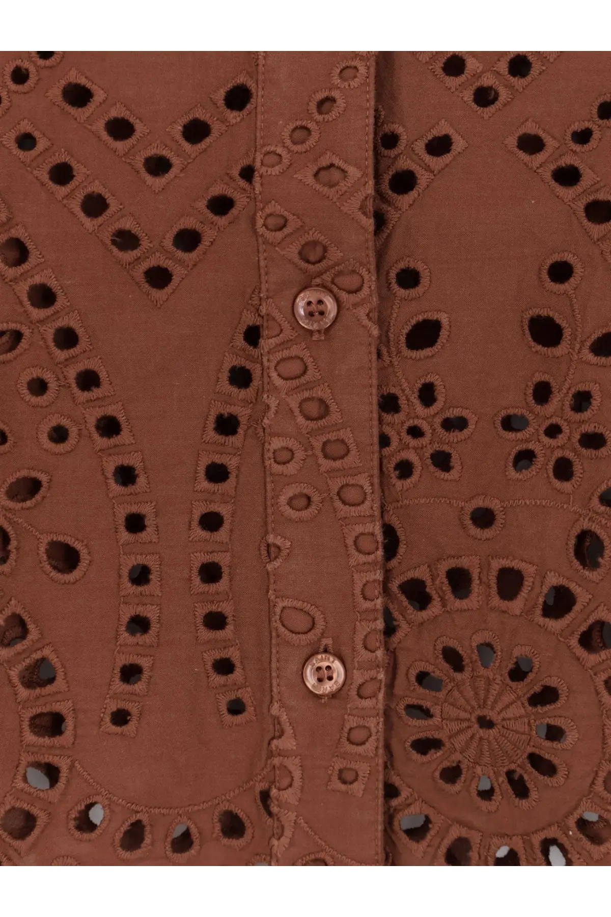 Mc2 Saint Barth women’s brown eyelet blouse with intricate cut-out lace patterns and matching buttons