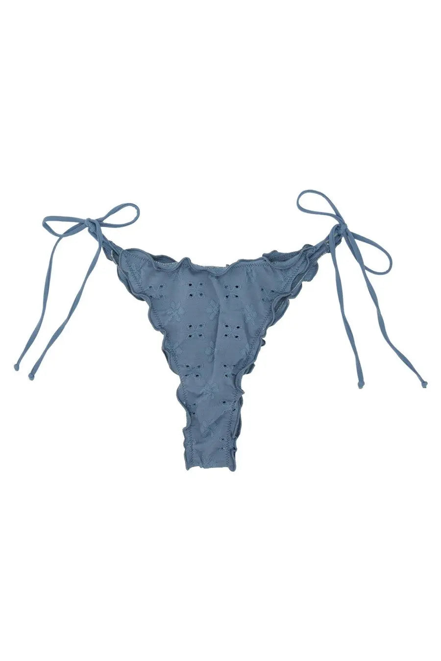 Mc2 Saint Barth women’s Sangallo Sagittarius Miami bikini bottom in blue with delicate lace and ruffled tie-side straps